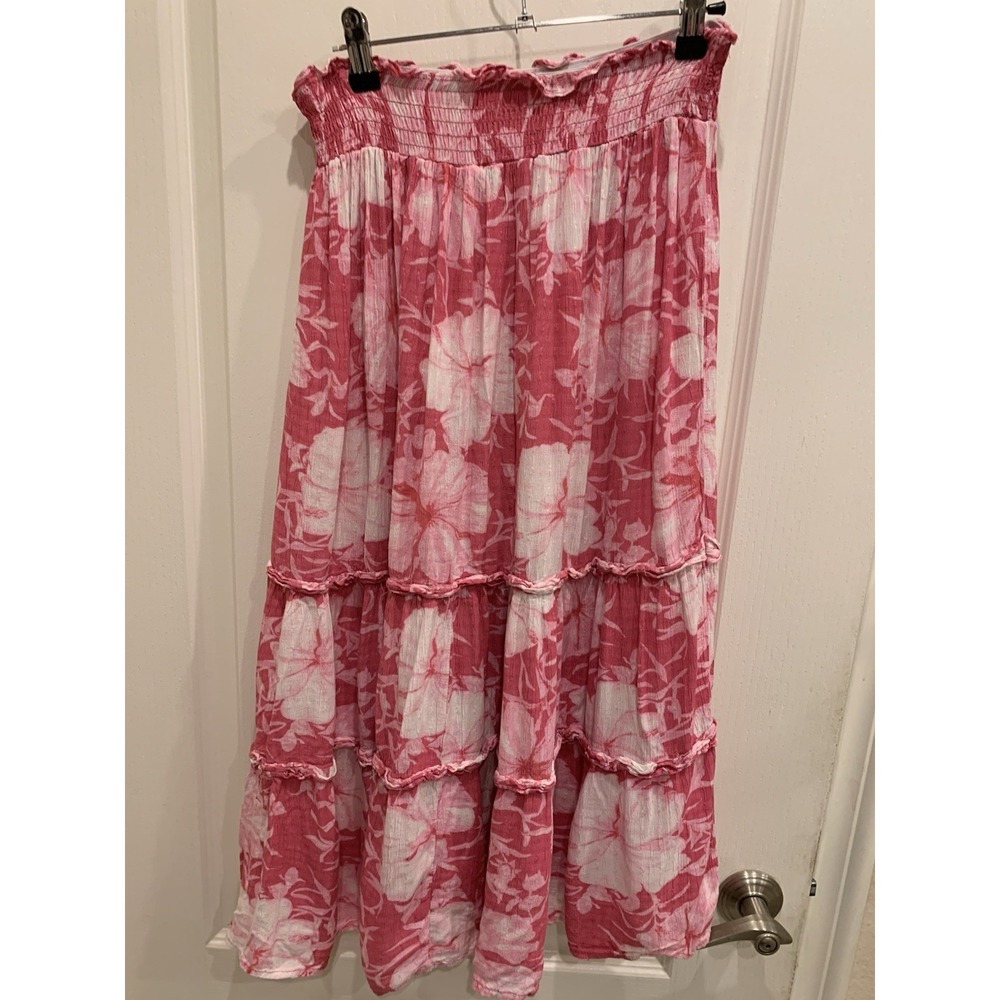 Cynthia Rowley Womens Maxi Skirt Sz M Floral Pink/White Boho Hippie